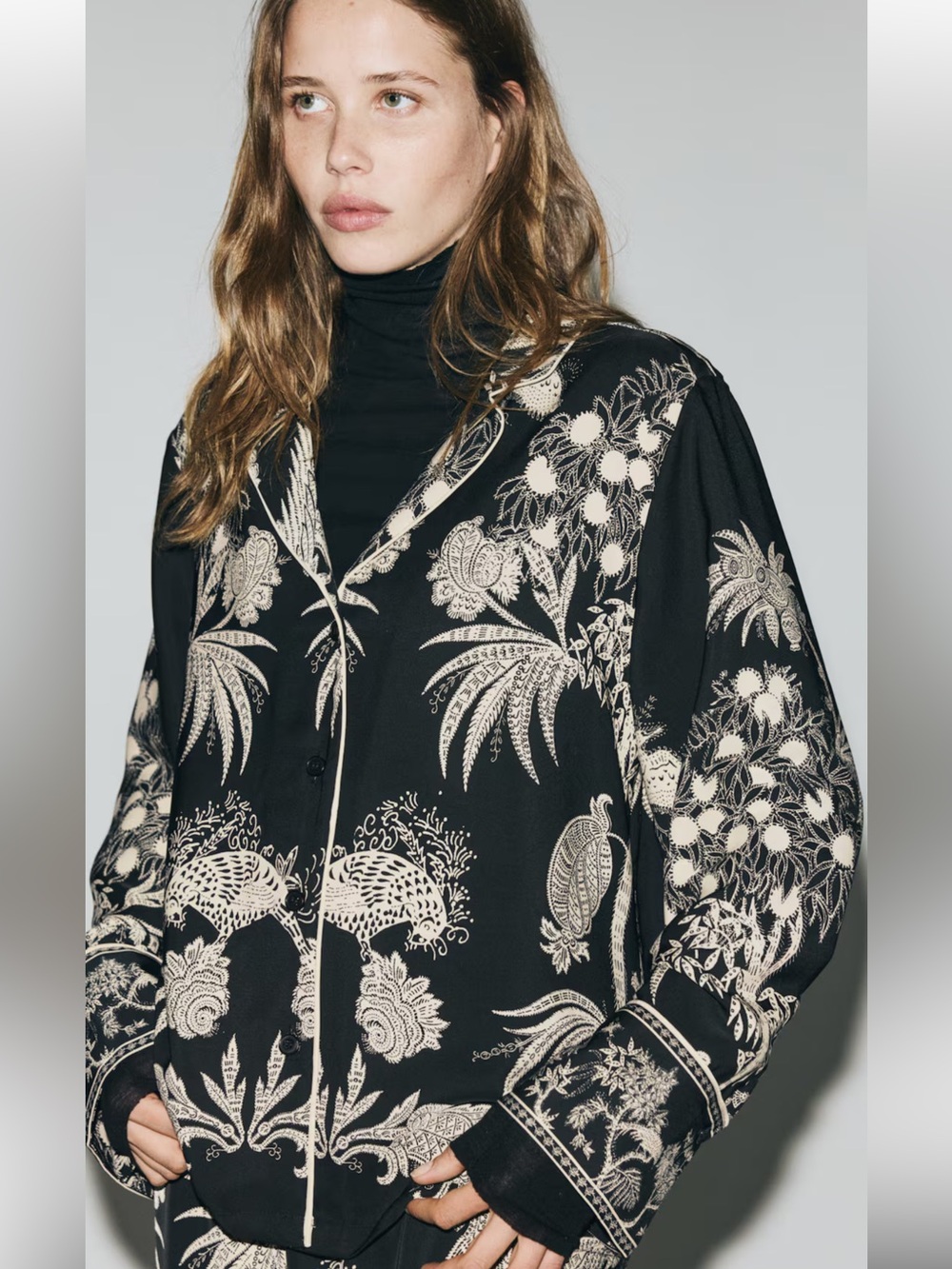 NWT H&M Printed Resort Shirt Black And Tan Tropical Button Shirt Blouse - Picture 3 of 16